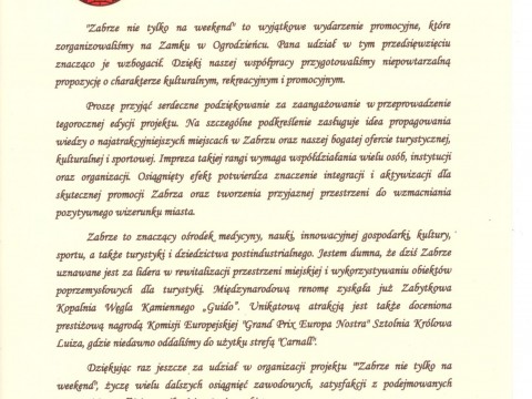 Podziękowania dla MOSiR Zabrze za udział w wydarzeniu promocyjnym ,,Zabrze nie tylko na weekend"